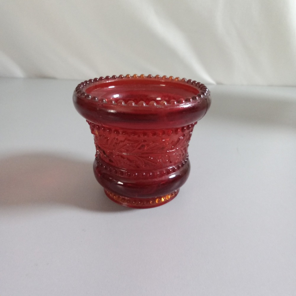 Vintage Ruby Red Glass Hobnail Leaf Etched Votive Tea Light Candle Holder